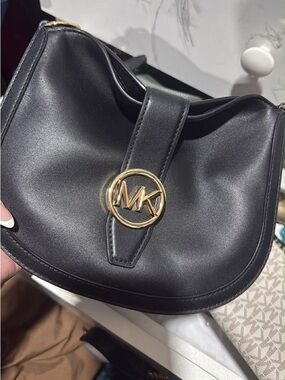 Michael Kors Black Leather Crossbody with Gold MK Medallion